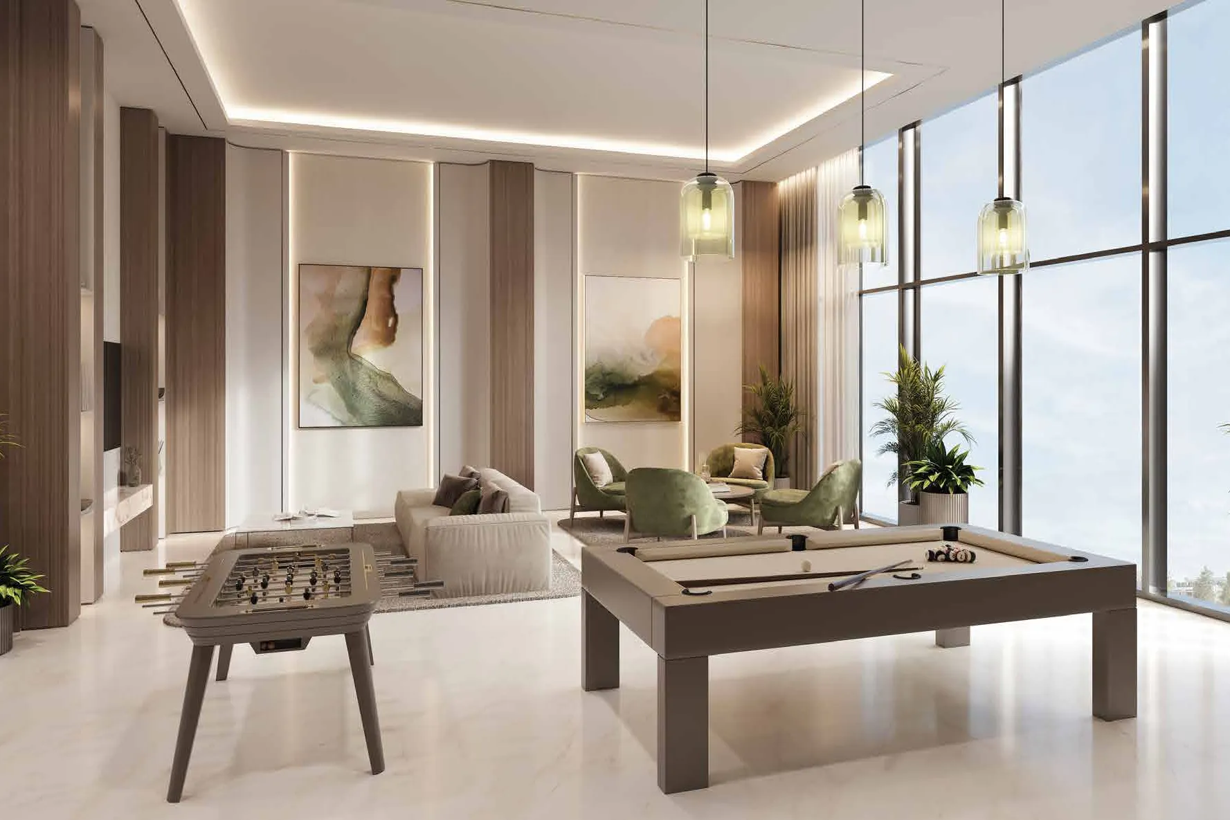 Entertainment room with pool table, foosball and green armchairs