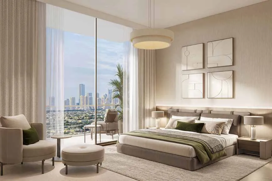 Living and dining space with sofa, terrace doors and skyline view