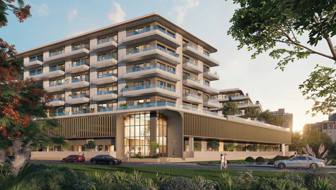 Sol Terra Gardens exterior with glazed entrance, balconies and tree-lined street