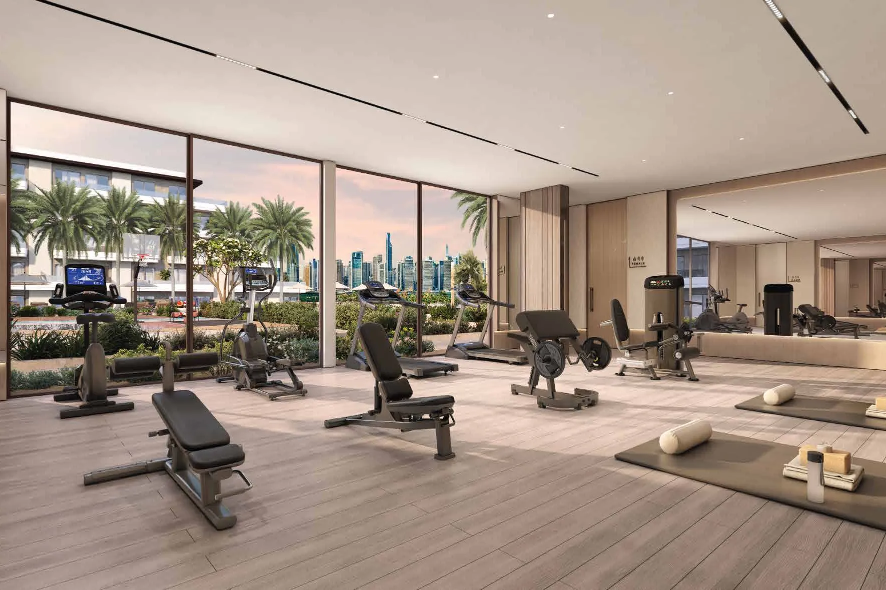 Indoor gym with tall windows looking onto palms and the skyline