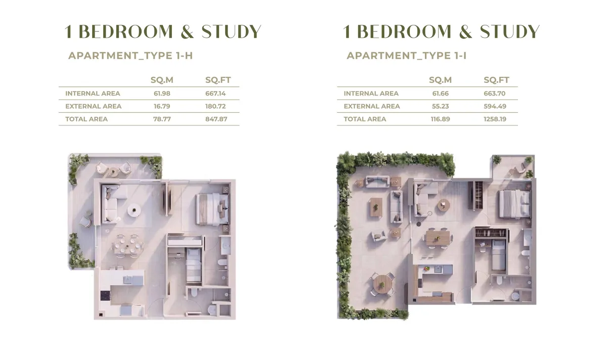 Floor plans: 1 bedroom, with a study